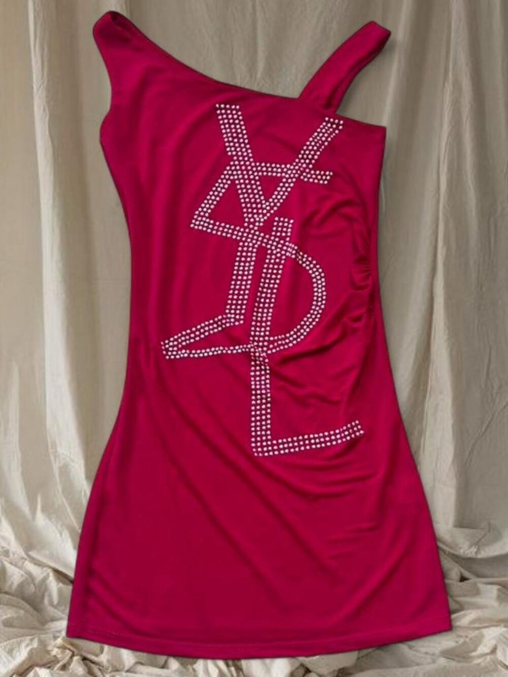 Hot Pink Rhinestone Mcbling y2k YSL bedazzled mini club dress made in italy